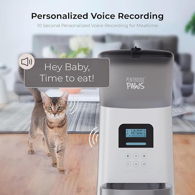 Penthouse Paws® Automatic Pet Feeder 6L, LCD Timed Food Dispenser, Twist-Lock Storage, Anti-Jam, Voice Meal Call, Up to 15 Daily Meals, Battery Backup, White with Stainless Steel Bowl, for Cat & Dog