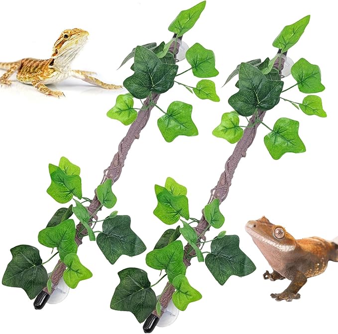 VCEPJH Reptile Climbing Branch Decor 2 Pcs Bendable Jungle Vine with Suction Cup Terrarium Plant Decoration for Gecko Bearded Dragons, Snake,Frogs, Chameleons Cage Accessories (W)