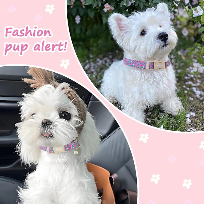 Cotton Floral Dog Collar,Green Dog Collar with Pink Flower, Adjustable Puppy Dog Collars for Small Medium Large, Cute Girl or Boy Dog Collar Ideal for Gifts,Pet Accessory,L