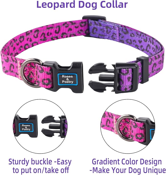 Roses&Poetry Small Dog Collar, Cute Leopard Style Adjustable Reflective Puppy Collars Durable Pet Collars for Small Medium Large Dogs(Rose-Leopard S)