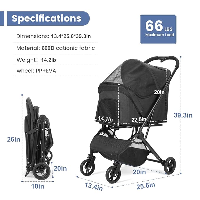 Wedyvko 3 in 1 Dog Stroller, Upgraded Frame, Pet Stroller for Medium Dogs, Shock Absorption, Luggage, Zipperless Entry, Storage Basket & Pouch, Cat Strollers with Dog Poop Bags & Dispenser (Black-p11)