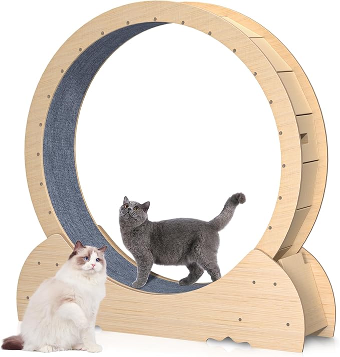 Cat Wheel, 46 Inch Cat Exercise Wheel for Indoor Cats, Silent Wooden Cats Treadmill with Stable Base and Anti-Scratch Liner