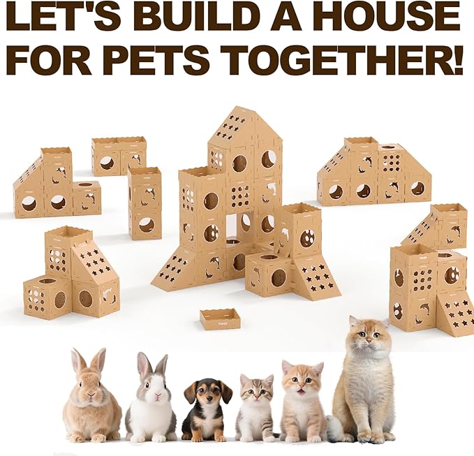 DIY Cardboard Cat House with Scratching Pad, Cat Tower Indoor Play House, Versatile Cardboard Cat Tunnel Box for One or More Pets, Indoor Use Rabbit Hideout Cave Castle Brown, 3 Parts