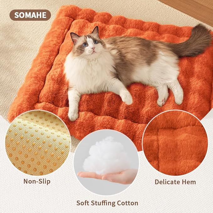 Self-Warming Cat Bed, Plush Faux Fur Pet Bed Mat with Anti-Slip Bottom, Ultra Soft Heated Bed for Cats & Medium Dogs, Cozy Fluffy Pad for Couch & Crate, Machine Washable, 27x20 Inch Orange