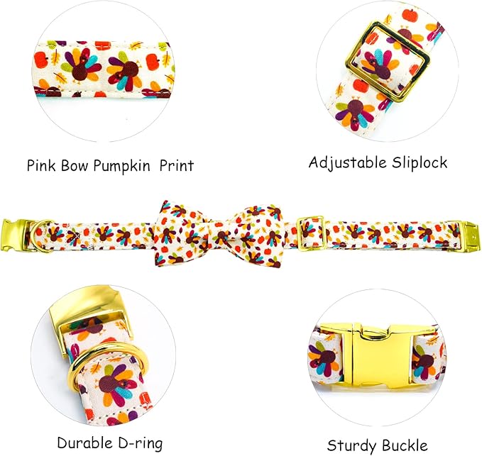 Thanksgiving Dog Collar, Turkey Dogs Collars Bow Tie Pet Collar Adjustable Pet Collars Premium Metal Buckle Autumn Leaf Necklace for Medium Dogs