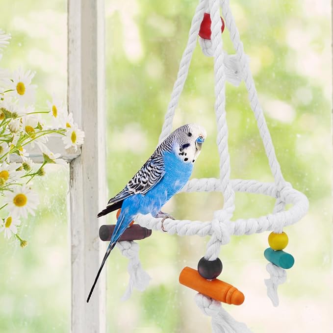 Hypeety Pet Bird Parrot Swing - Hanging Hammock for Parakeets, Budgies, Conures & Quaker Parrots - Cotton Rope Round Swing Toy