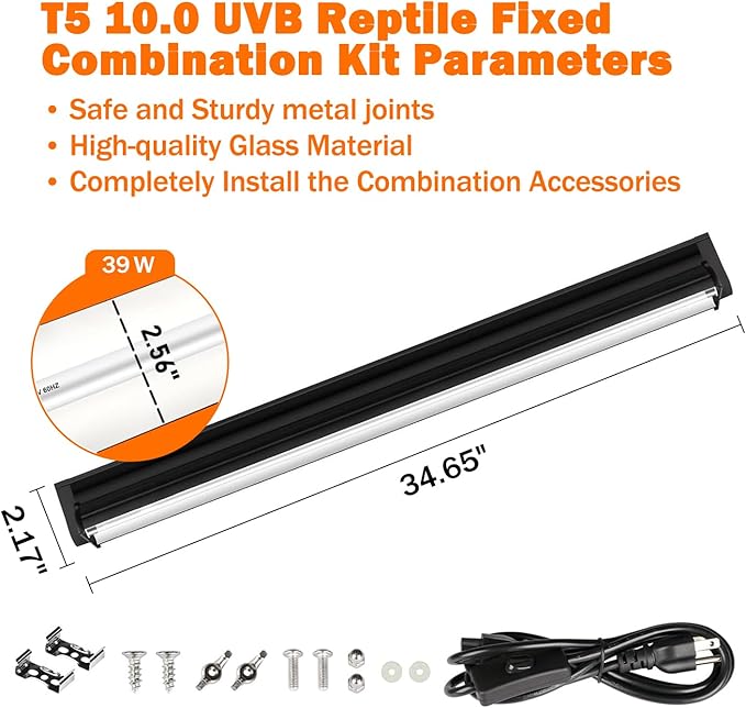 T5 10.0 UVB Reptile Light Fixture, T5 UVA UVB Light Tube Lamp Blub 39W 34" for Bearded Dragon, Tortoise,Desert Lizards,Leopard Gecko,Reptile & Amphibian Lamp