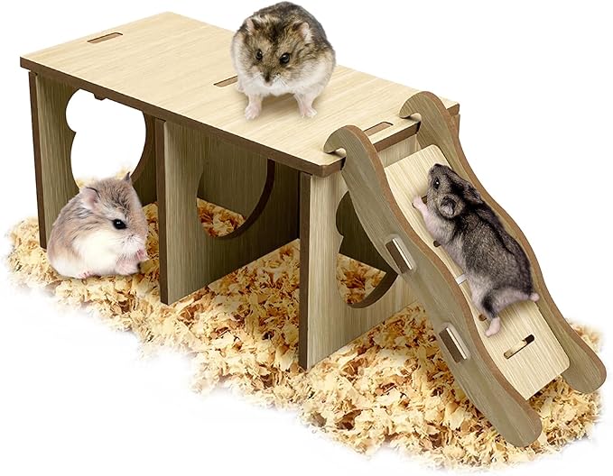 Tfwadmx Wooden Small Animal Hideout & Ramp - Hamster Tunnel System with Climbing Ladder, Peep Shed and Digging Chambers for Mice, Dwarf Hamsters (Small)