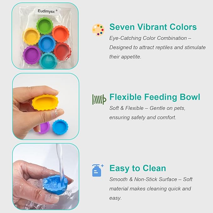 7 Pack Crested Gecko Food and Water Bowl, Eudimysx Reusable Small Reptile Feeding Dish, Gecko Tank Accessories for Hermit Crab, Tarantula, Isopods and Lizard, Silicone Easy Clean & 7 Colors
