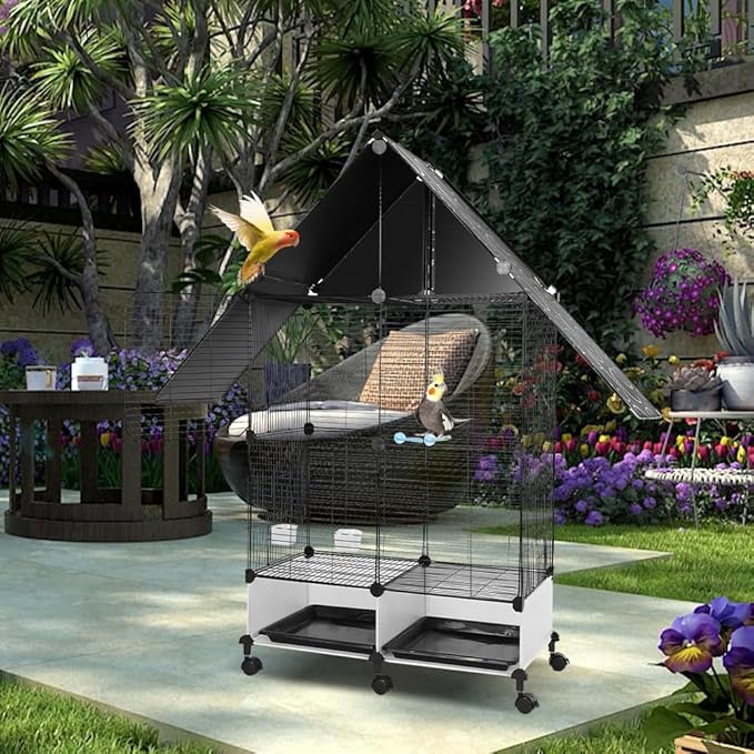 House Shape Bird Cage with Rolling Stand - Large 2 Tier Iron Bird Cage with Lock, Spacious Flight Habitat for Parakeets & Cockatiels, Easy Mobility Safe Home for Small Birds