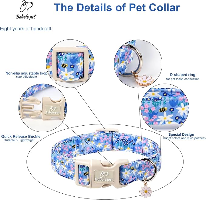 Floral Dog Collar for Small Dogs - Cute Spring Dog Collars, Soft Lightweight Bee & Daisy Puppy Collar, Breathable Adjustable Male Female Blue Wildflowers Dogs Collars XS
