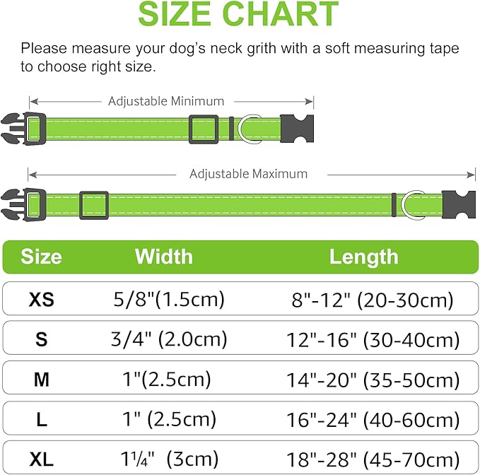 Joytale Reflective Dog Collar, Soft Neoprene Padded, Metal D-Ring, Nylon Pet Collar Adjustable for Large Dogs, Green, L