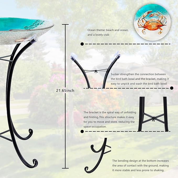 MUMTOP Bird Baths for Outdoors, Crab Glass Large Bird Bath Bowl with Metal Stand, Bird Feeders for Outside and Garden, Patio,Lawn Decor