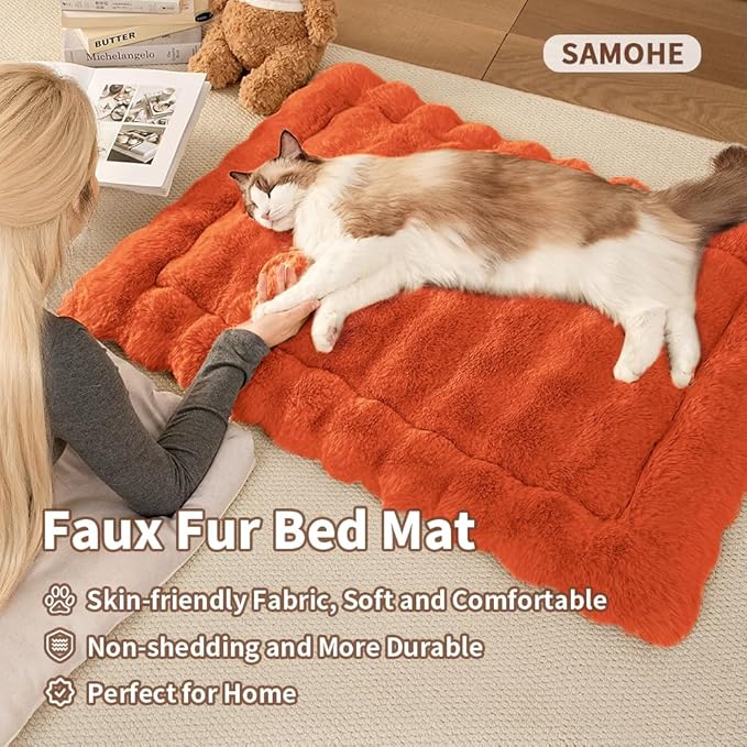 Self-Warming Cat Bed, Plush Faux Fur Pet Bed Mat with Anti-Slip Bottom, Ultra Soft Heated Pad for Cats & Kittens, Cozy Fluffy Bed for Window & Sills Couches, Machine Washable, 23x15 Inch Orange