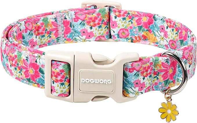 DOGWONG Spring Flower Dog Collar-Cute Floral Daisy Dog Collar, Adjustable Soft Girl Female Dog Collar for Small Medium Dogs, M