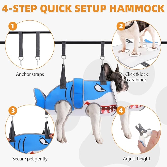 Dog Grooming Hammock for Small Dogs Cats, Cute Shark Design Dog Hanging Harness for Nail Trimming/Clipping, Pet Sling with Grooming Kit and Thick Neck Support & Strap Restraint Claw Care, S