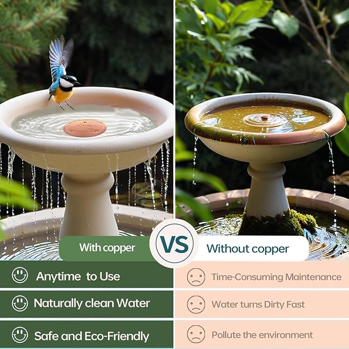 Bird Bath Copper Disk, Copper Bird Bath Purification Disk, Pure Copper Cleaning Disk with Triple-Point Support for Physical Safe Clean Water All-Season, Universal Fit for Outdoor Bird Baths & Bowls