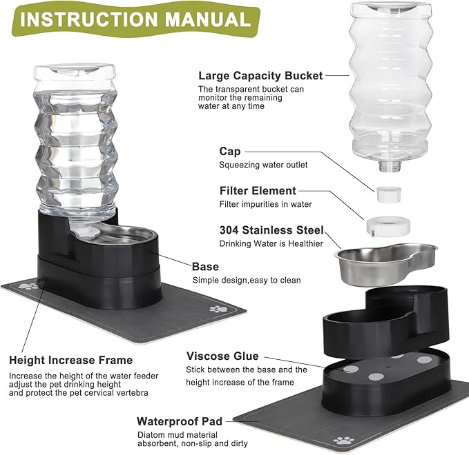 RIZZARI Automatic Pet Waterer, Gravity Stainless Steel Water Dispenser, 100% BPA-Free, Large Capacity Water Feeder for Cats and Small and Medium-Sized Dogs (Black Raised, 9L)