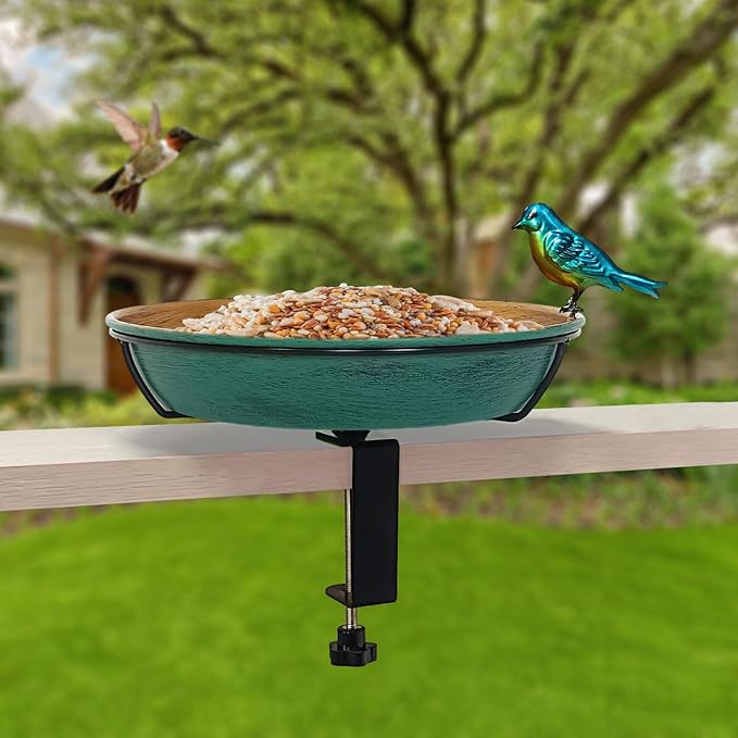 Deck Bird Bath for Outdoors, 11" Green/Bronze Metal Birdbath Bowl with Big Steel Clamp Backyard Birdbath&Bird Feeder for Railing Balcony Fence Yard Art Garden Decor