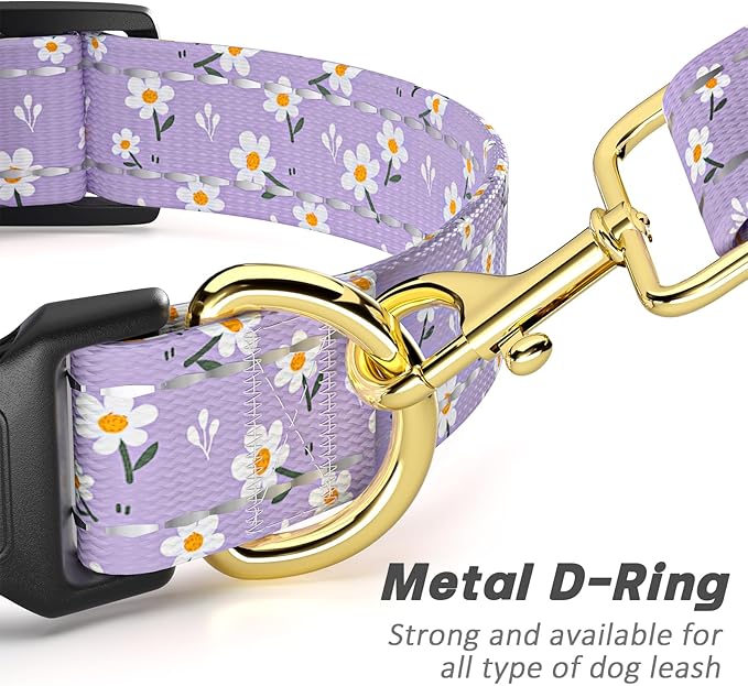 Reflective Dog Collar for Medium Dogs, Cute Flower Theme Adjustable Heavy-Duty Nylon Puppy Collar for Boy and Girl Female, Soft Pet Accessories with Quick Release Buckle, Purple White