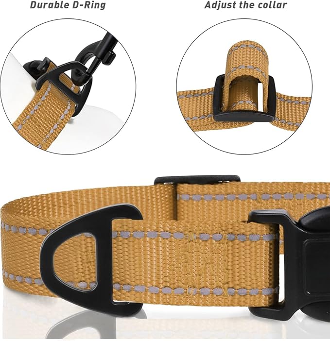 TagME Reflective Nylon Dog Collars, Adjustable Classic Collar with Quick Release Buckle for Small Dogs, Khaki, 5/8" Width
