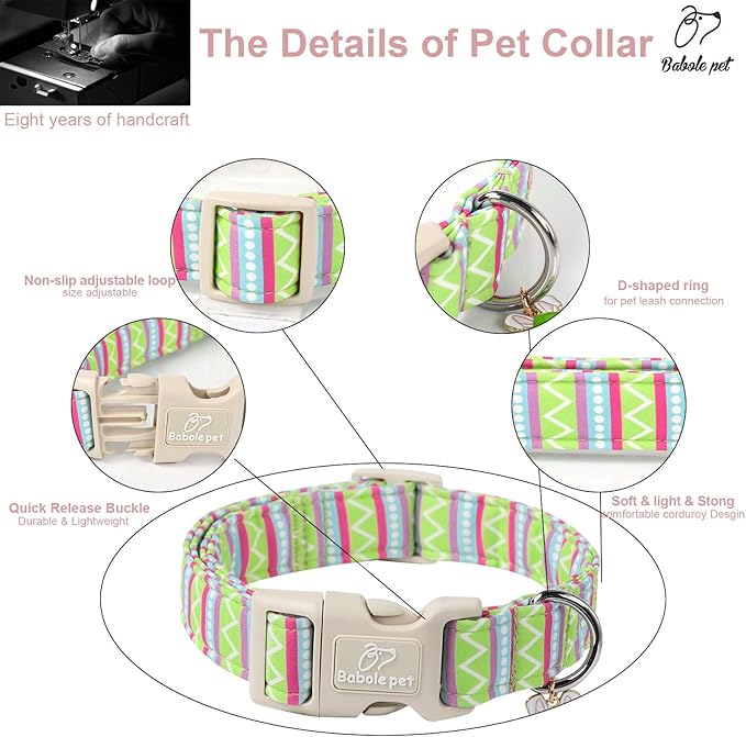 Easter Dog Collar for Medium Dogs - Brightly Colored Stripe Easter Collars for Boy Girl Dogs, Adjustable Spring Holiday Pet Collars with Quick Release Buckle M