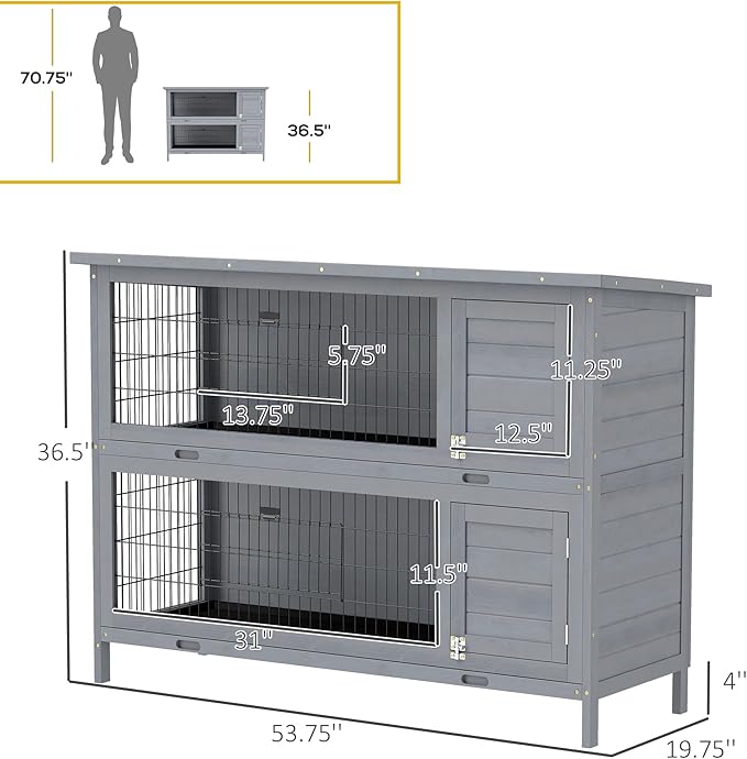 PawHut 54" 2-Story Large Rabbit Hutch Bunny Cage Wooden Pet House Small Animal Habitat with Lockable Doors, No Leak Tray and Waterproof Roof for Outdoor/Indoor Grey