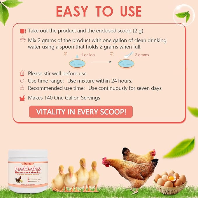 Chicken Electrolyte, Vitamin & Probiotic Supplement - Support Hydration Digestion Immunity Egg Production – Poultry Supplement for Chickens, Ducks, and All Ages of Birds – All-Season Use,10oz Powder