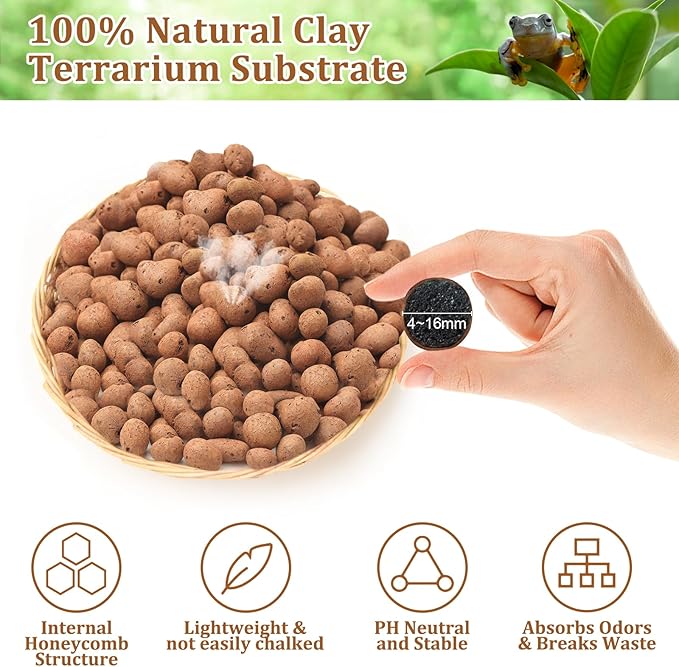 Riare 4LBS Expanded Clay Balls Terrarium Substrate for Reptiles - 100% Organic Lightweight Clay Pebbles Substrate Frogs False Bottom Substrate, Bioactive Terrarium Substrate for Drainage and Moisture