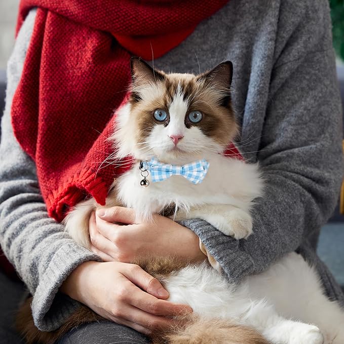 2 Pcs Boy Cat Collar with Bell Breakaway Cat Collars Cute Kitten Bow Tie Collar Adjustable Small Puppy Safety Collar Solid Color Plaid Pet Collar (Blue)