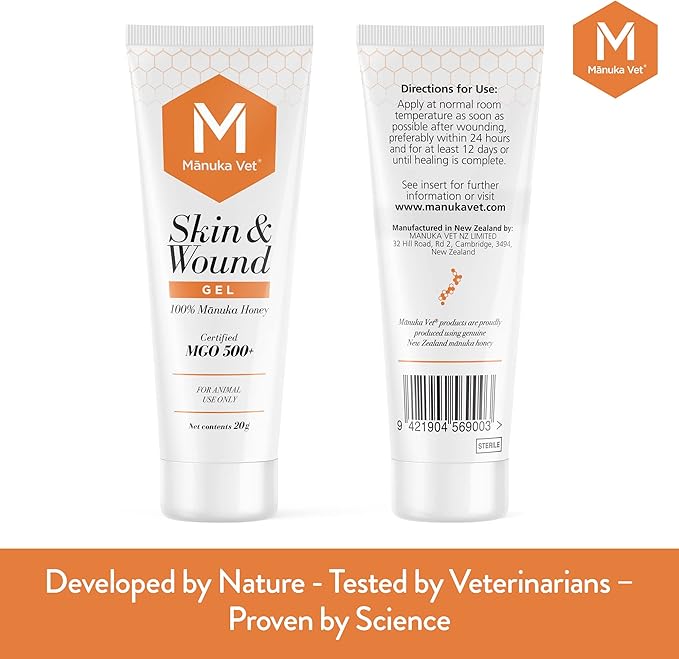 Manuka Vet Skin & Wound Gel, 500+ MGO Medical Grade Manuka Honey, Rapid Healing & Skin Repair Treatment for Dogs, Horses and Cats, 0.71oz (20g) Tube