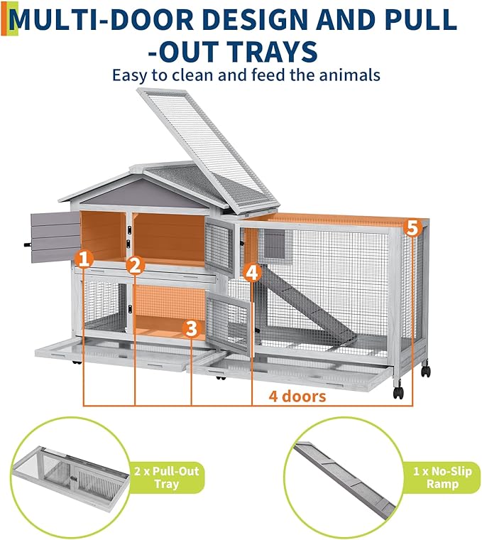 Rabbit Cage with Ramp & Waterproof Roof, Bunny Hutch for Indoor/Outdoor, 2-Story Design, Rabbit Hutch with 6 Lockable Caster Wheels & Three Pull-Out Trays（63.2" l x 22.4" w x 37"）