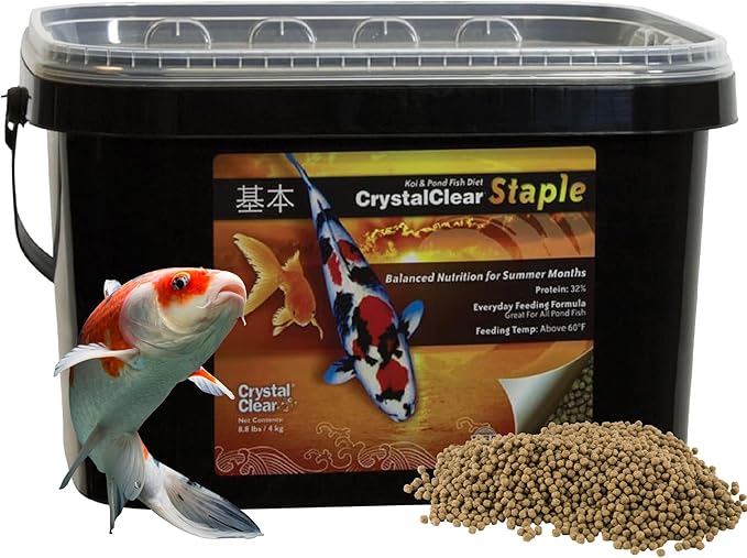 CrystalClear Staple Pond Fish Food for Healthy Koi & Goldfish, Protein Packed Floating Pellets for Summer Nutrition, Easy Digestion, 8.8 Pound Bucket