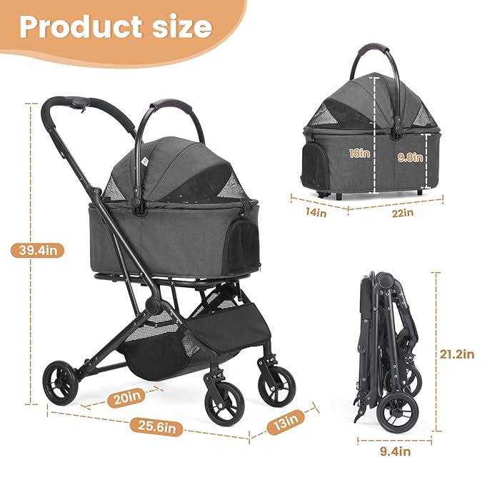 Wdyvko 3 in 1 Dog Stroller, Upgraded Frame, Up to 44lbs Pet Stroller with Dog Poop Bags & Dispenser, Zipperless Entry, Storage Basket & Pouch for Small Dogs Cats (Dark Grey)