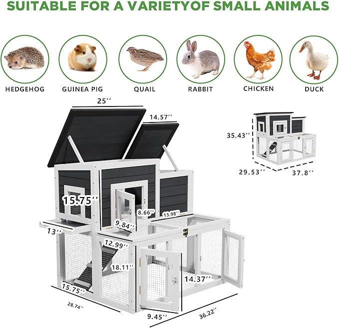 Chicken Coop Outdoor Wooden for 2-4 Chickens with Asphalt Waterproofing Roof, Runways, Pull-Out Trays and Openable Top for Backyard and Indoor (Black and White)