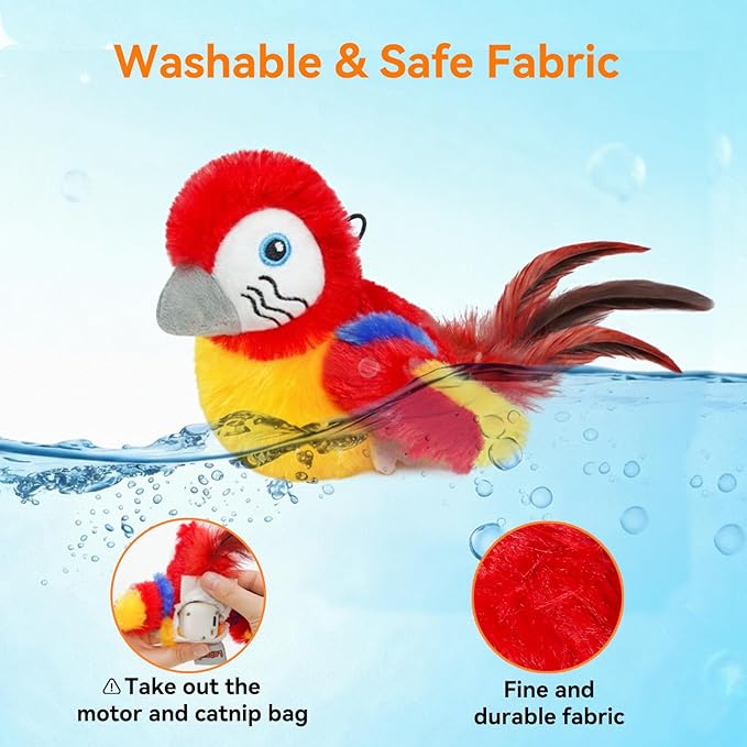 Cat Toys Flapping Bird(Cannot Fly), Electric Simulated Chirping Bird Interactive Kitten Toy with Flappy Wings, Rechargeable Touch Activated Toy with Catnip and Feather for Indoor Cats - Red
