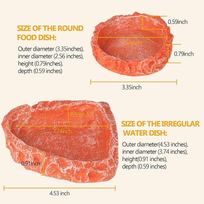 Reptile Water Dish Food Bowl for Bearded Dragon Tank Accessories, Hyggerzoo Reptile Rock Feeder for Tank 2 Pack Corner Resin Terrarium Bowl for Leopard Gecko Hermit Crab Tortoise Snake, Orange