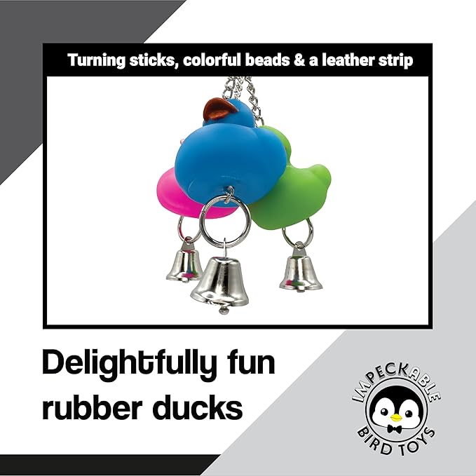 922 Rainbow Duck Ringer Toy with Rubber Ducks, Chains and Bells – Handcrafted Great for Budgies, Parrotlets, Conures and Other Small to Medium Birds