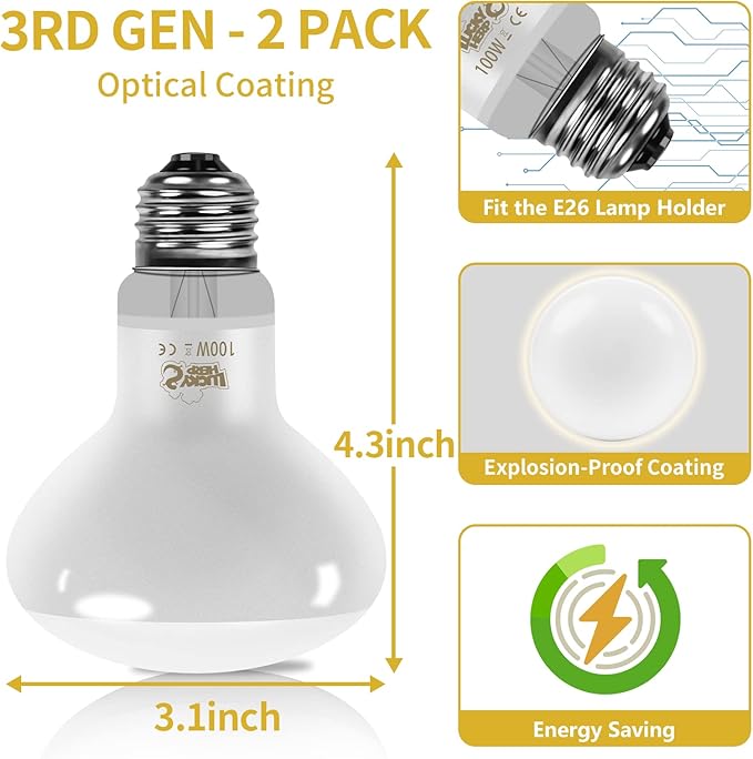 LUCKY HERP New Upgrade 100W Reptile Heat Lamp Bulb (3rd Gen, Safer), Amphibian Basking Spot Light Bulb, UVA Reptile Daylight Bulb for Turtle, Bearded Dragon, Lizard Heating Use (2 Pack)
