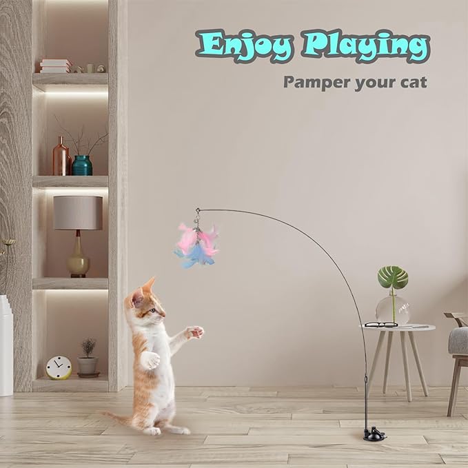 Interactive Cat Toys for Bored Indoor Adult Cats, 3 in 1 Cat Toys for Bored Cats,7 Pack Cat Teaser Cat Toys, Cats Toy Feather, Super Suction Cup Detachable with Balls and Birds