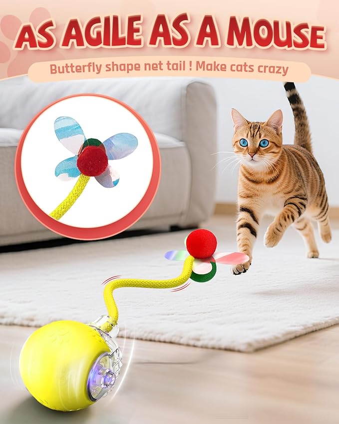 Interactive Cat Toys for Indoor Cats, 2025 Upgraded 360° Anti-chew Safe Material Moving Cat Ball with Tail, Interactive Cat Toys for Bored Indoor Adult Cats to Keep Them Busy (Yellow, 2.2in)