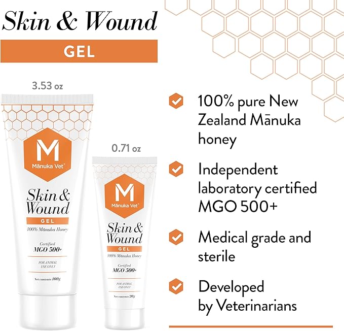 Manuka Vet Skin & Wound Gel, 500+ MGO Medical Grade Manuka Honey, Rapid Healing & Skin Repair Treatment for Dogs, Horses and Cats, 0.71oz (20g) Tube