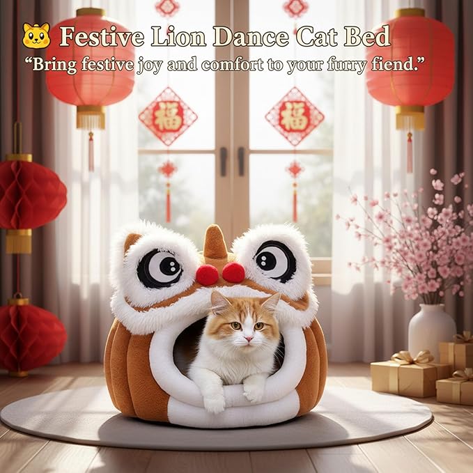 Cute Lion Head Pet Beds for Cats, Chinese Lion Dance Lion Cats Bed, Soft Cozy Plush Cat House & Dog Cave with Cushion for Small Medium Cats Dogs (Coffee,M)