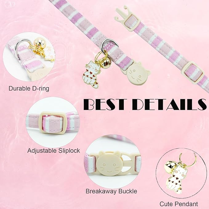 Elegant little tail 2 Pack Cat Collar-Pink Strip Cotton Breakaway Cat Collars with Bell Pendant Kitten Girl Safety Adjustable Collar for Small Cats Puppy