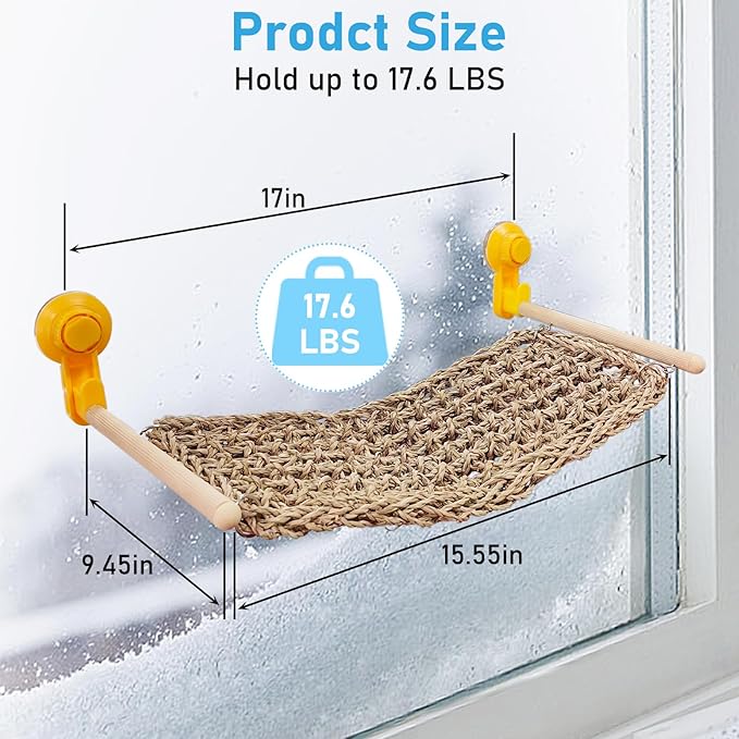 VCEPJH Bearded Dragon Window Perch Reptile Window Hammock Natural Seagrass Lizard Lounger Bed with Powerful Suction Cups Climbing Toys Tank Accessories for Gecko Chameleon Basking (15.75 * 7.87)