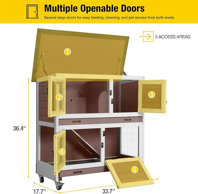 Aivituvin 36" Rabbit Hutch Bunny Cage Indoor Outdoor Guinea Pig Cage 2 Story Wth Trap Door, 2 Tray,Wheels,Brown