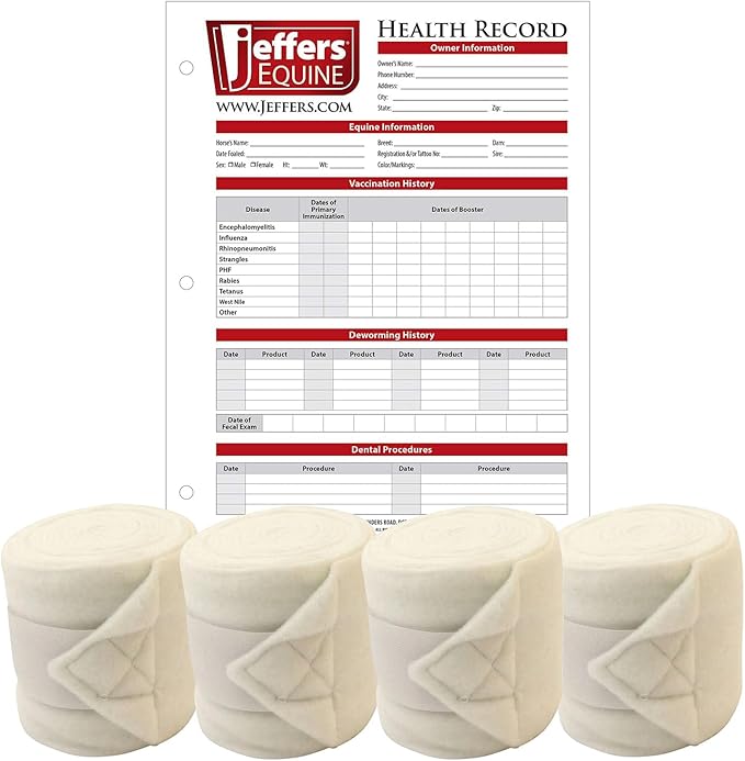 Jeffers Horse Fleece Polo Wraps 4 Pack and Equine Health Record 1 Pack Kit – Leg Wrap Accessories for Training Riding Turnout Stable, Hoof Care Tracker, Equestrian Horse Supplies - White