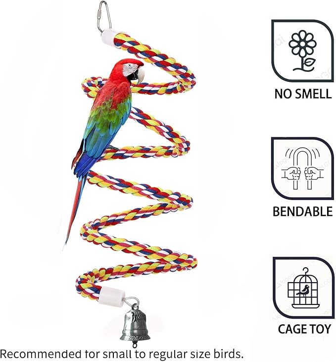63'' Bird Rope Perches Birdcage Swing Toys 100% Cotton Natural Bird Perch Peck/Chewing with Vintage Bell Climbing Standing Bungee Parrot Toys for Small to Regular Size Parrot Cockatiel Birds
