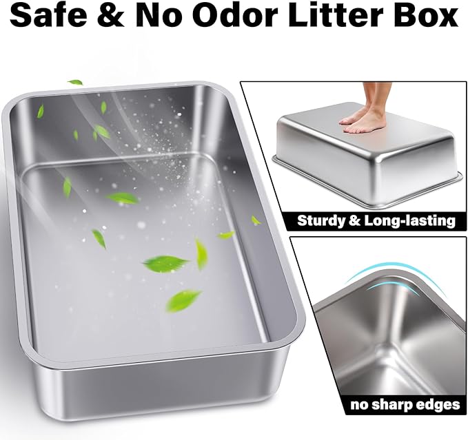 Large Stainless Steel Cat Litter Box-Metal Litter Box for Cats, High Sided Metal Litters Boxes, No Smell, Non Stick, Easy Clean, Odor Proof, Indoor Outdoor