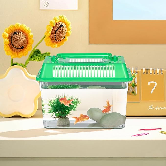 NOLITOY 4pcs Mini Fish Tank, Plastic Fish Box Breeding Case with Handle Desktop Reptile Carrier Portable Aquarium for Shrimp Turtle Shrimp Goldfish (Random Color)